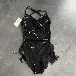 Black Patent Fringe One-Piece Costume